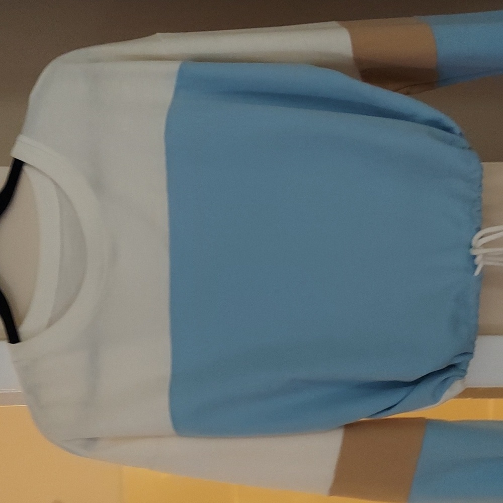 Vestidos Casual Long Sleeve Round Neck Color Block Tie Crop Sweatshirt Top Sz L